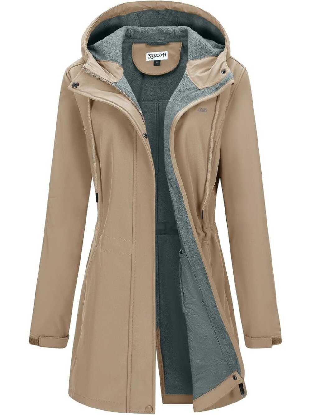 Women's Khaki Fleece Lined Waterproof Zip Up Softshell Long Trench Parka Coat